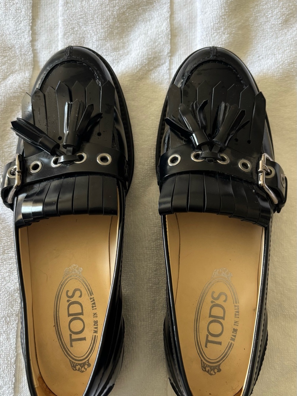 Authentic Tod's Black Patent Leather Tassel Kiltie Loafers